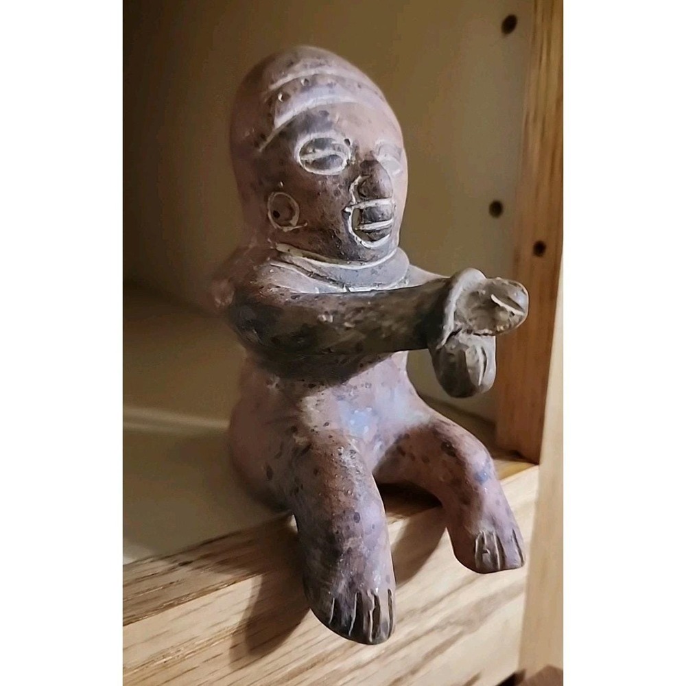 VTG Folk Art Pottery 5" Stoneware Seated Figure W/Hands Tied Mexico HANDMADE